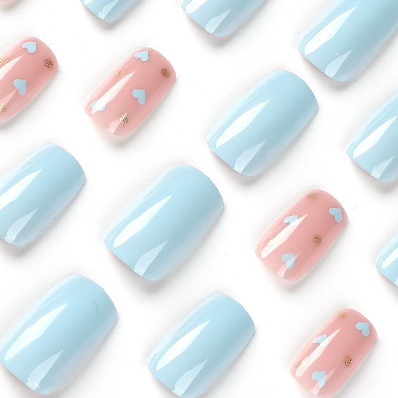 24Pcs/Set Quick Nails Piece Of Blue Love Golden Polka Dot False Nials Sticker Wearable Waterproof Manicure Finished Nails