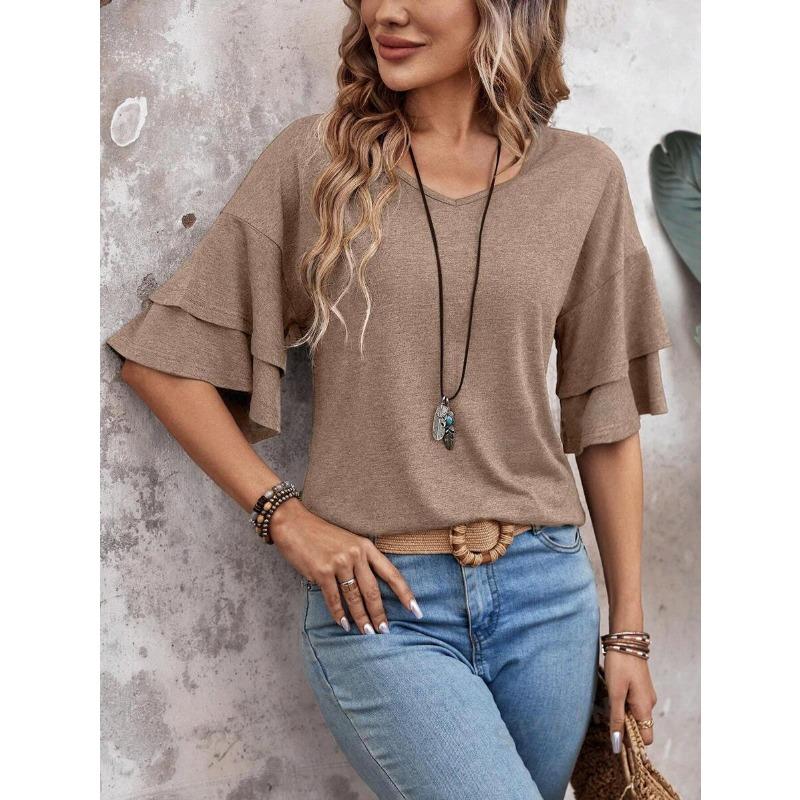 Summer New Solid Color V-neck Double-layer Sleeve Loose T-shirt Short-sleeved Women