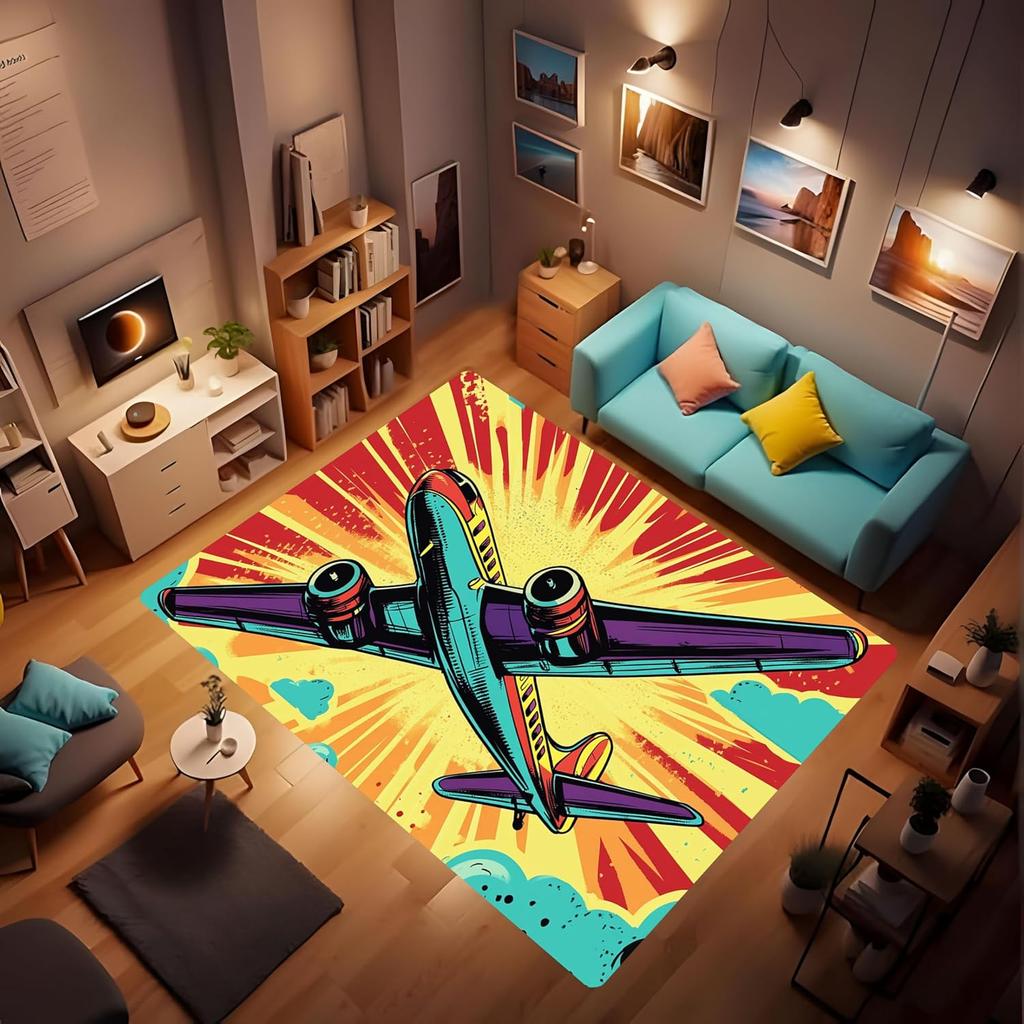 Soft Airplane Area Rug, Area Foldable Rectangular Rug, Cartoon Airplane Print Rug, Washable Rug with Rubber Non-Slip Rug