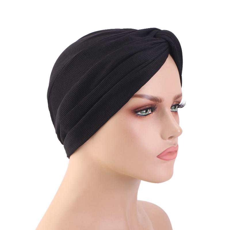 

New Cross Fine Pattern Rippled Twist Turban Muslim Headscarf Bonnet Stretchy Female Head Wraps Solid Cotton Turbante Indian Hat One Size чорний