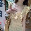Coffee Break French Floral Dress Children's Summer New Yellow Flying Sleeves Waist Thin Temperament Suspender Dress