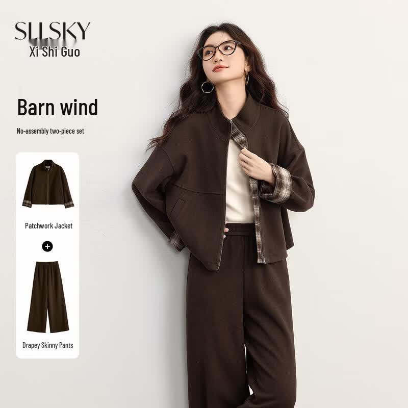 Women s Plaid Wool Blend Coat & Wide-Leg Pants Two-Piece Set M