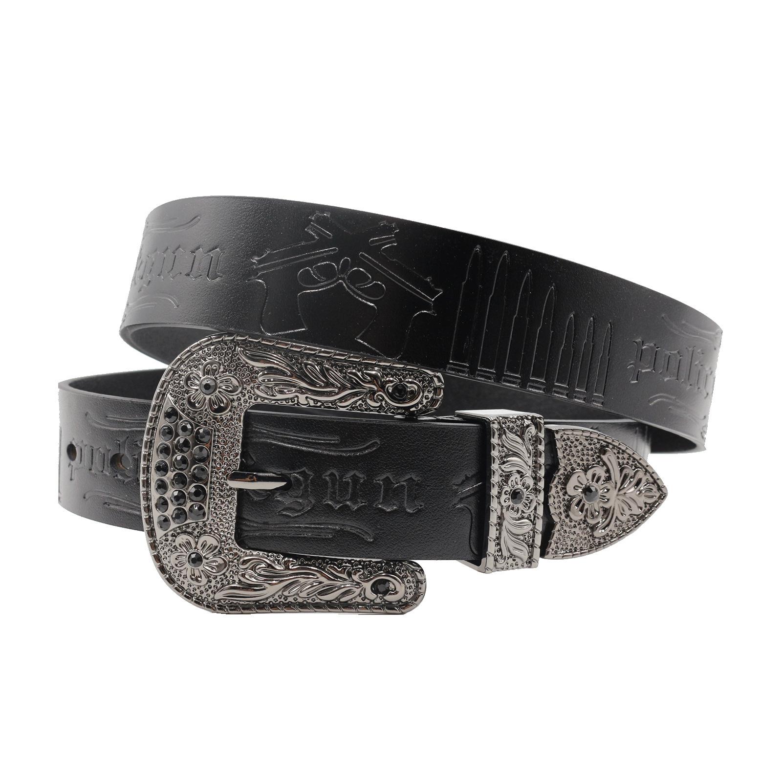 

Ремень со стразами, оригинальный ремень в западном стиле с дизайном Y2K, первый слой коровьей кожи с тиснением, оригинальный завод 105cm чёрный