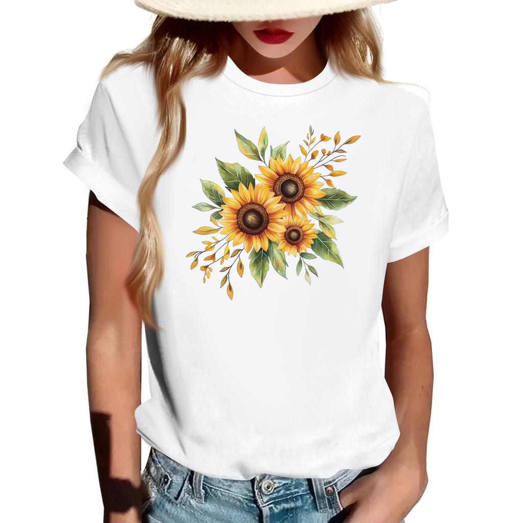 Women's Fashionable Round Neck Casual Retro Print Short Sleeved T-shirt Top