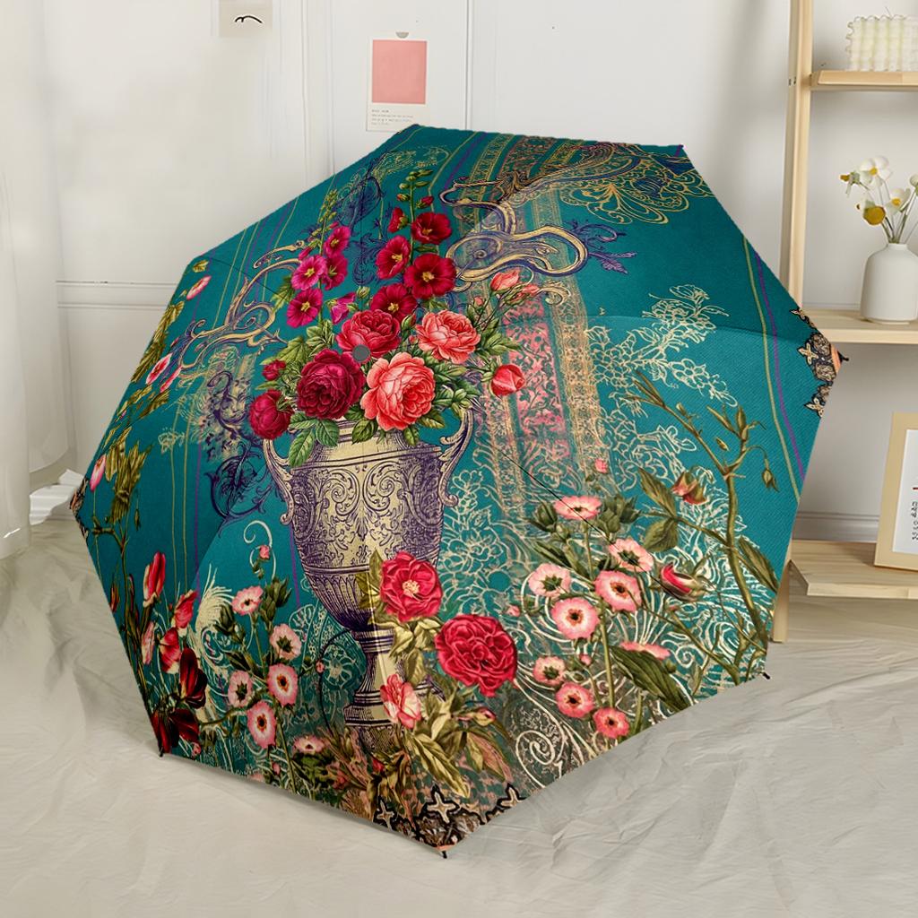 Spring Basket Of Flowers Compact Travel Automatic Umbrella Folding Umbrella with 8 Ribs Compact Design All-Season Umbrella for Travel