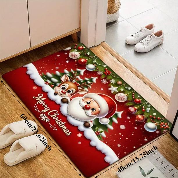 

1pc Cartoon Santa Claus and Elk Pattern Door Mat for Home Holiday Decor, Merry Christmas Letter Printing,Crystal velvet material