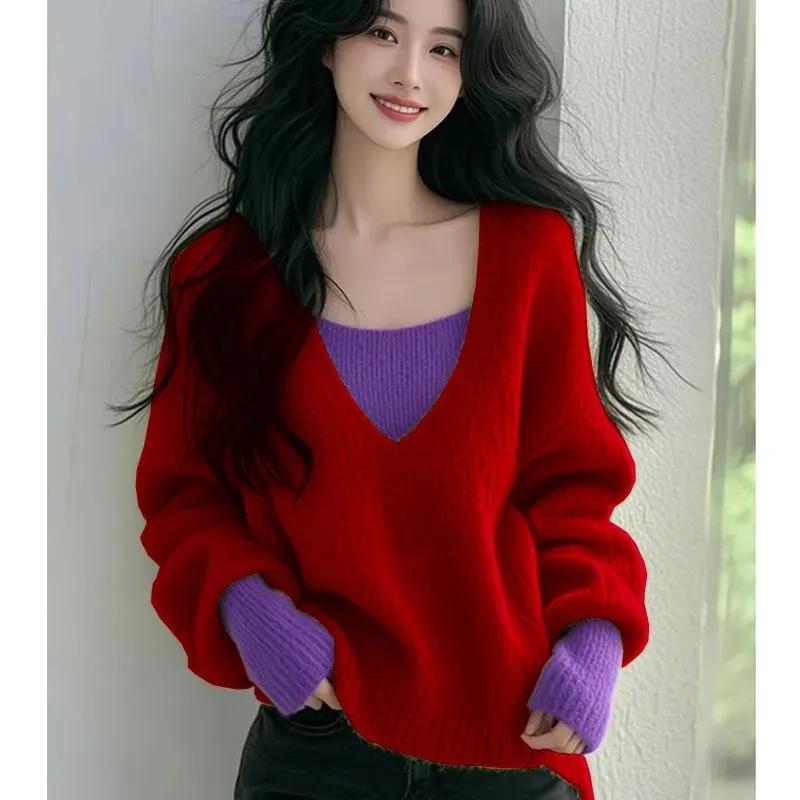 Contrast Color V-neck Sweater for Women 2025 New Winter Lazy High-end Feel Fake Two-piece Base Knit Top