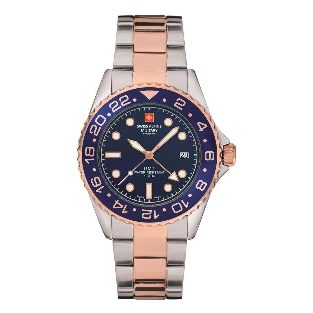 

Мужские часы Swiss Alpine Military Master Diver GMT двухцветные из нержавеющей стали с синим циферблатом, кварцевые 7052.1155 100M синий