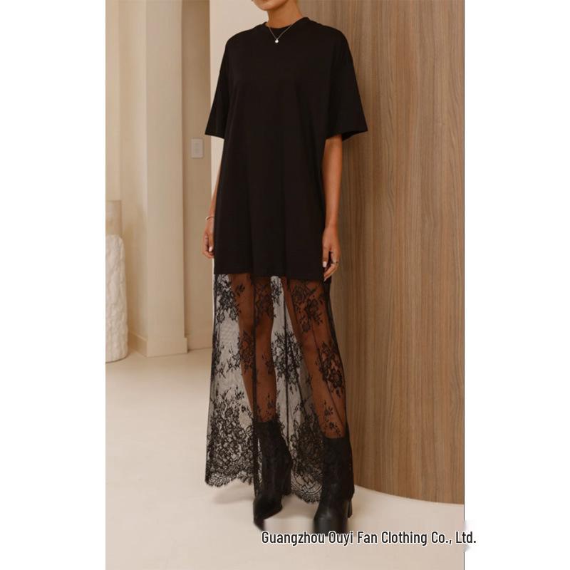Elegant Lace Patchwork See-Through Hem T-shirt Dress - Casual Short-Sleeved Style