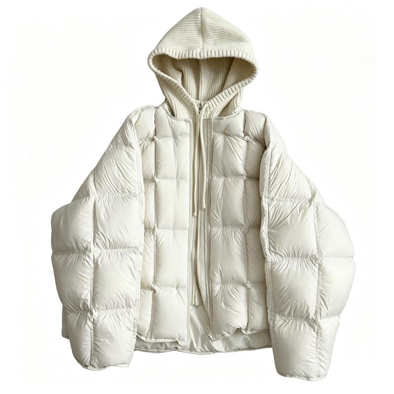 Knitted hooded puff cotton-padded clothes for women's new fake two-piece loose cotton-padded clothes, warm and thickened cotton-padded jacket.