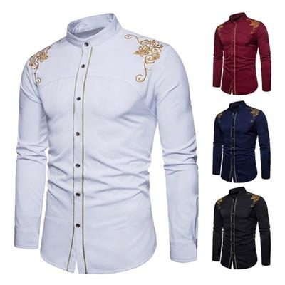 Men Fashion Embroidery Flower Button Stand Collar Long Sleeve Shirt Blouse Top
