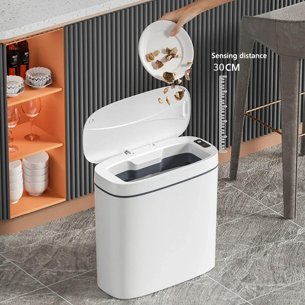 14L Automatic Trash Bin with Lid Intelligent Touchless Trash Can IPX5 Waterproof Electric Garbage Bin for Narrow Space Bathroom