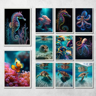 Vida Marinha Tartaruga Marinha Polvo Pôster Tela Pôster Fotos Reais da Vida Marinha Decoração de Parede Estampas Estéticas Aquarelas Decoração de Polvo