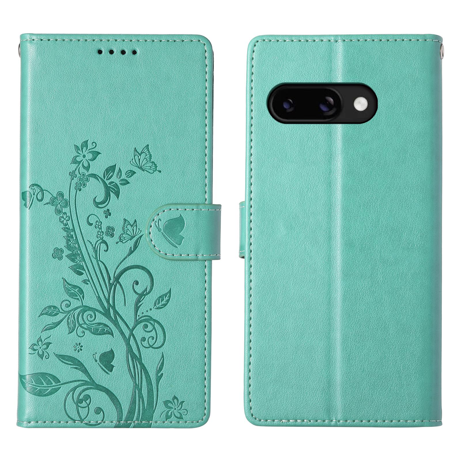 

For Google Pixel 9a Wallet Case Butterfly Floral Imprint PU Leather Phone Cover with Wrist Strap Green