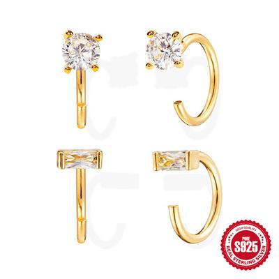 2 Pairs Of 1 Sets Of Simple Ins Wind S925 Sterling Silver Temperament Versatile Classic Diamond-Set C-Shaped Earrings