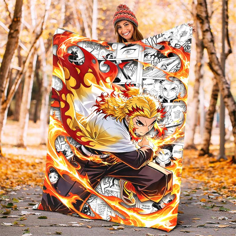 Rengoku Kyoujurou Flannel Blanket Soft Warm All-Season Throw, Design for Camping, Car Travel, Hiking Sofa, Bed, Office Perfect Gift for Parties