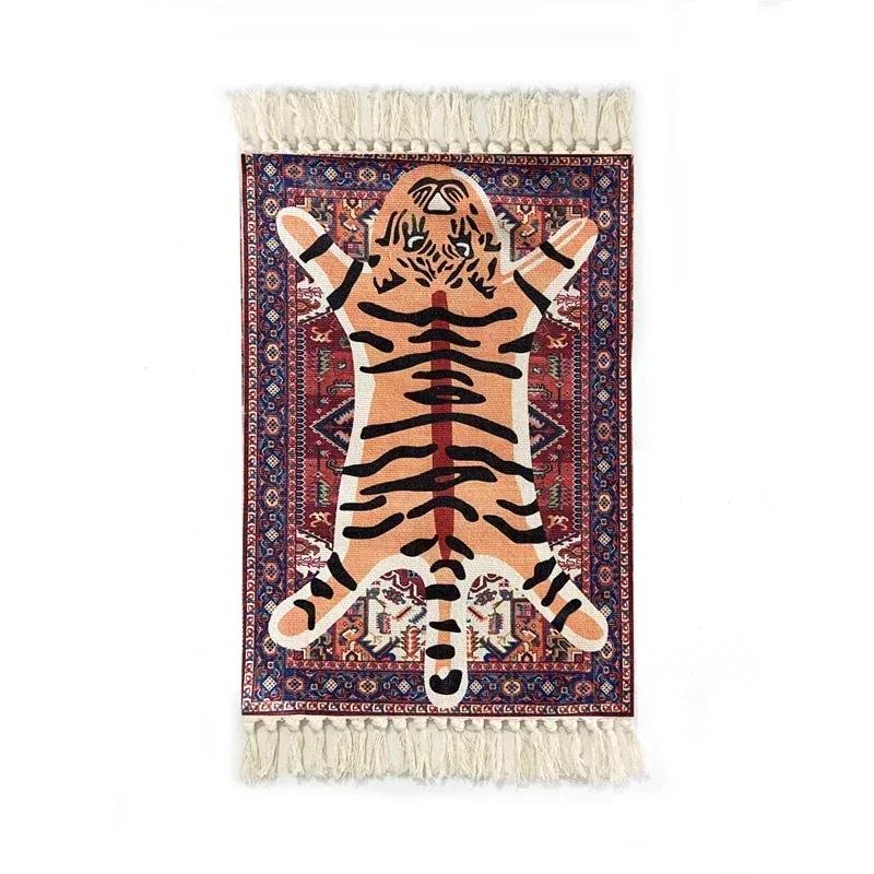 

Persian Style Hand-Knotted Floor Mat With Tassels Retro Ethnic Geometric Printed Area Rugs Kitchen Bedroom Bath Non-Slip Carpet 58x87 and 2x10CM
