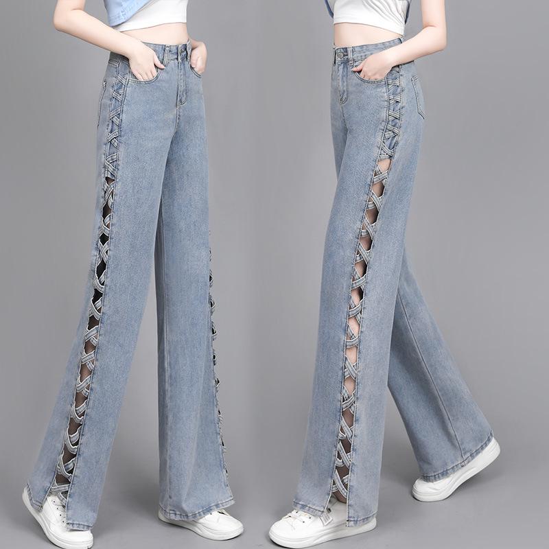 Women's Light Blue Summer Jeans - Stylish Design, Side Hollow, Straight Wide Leg