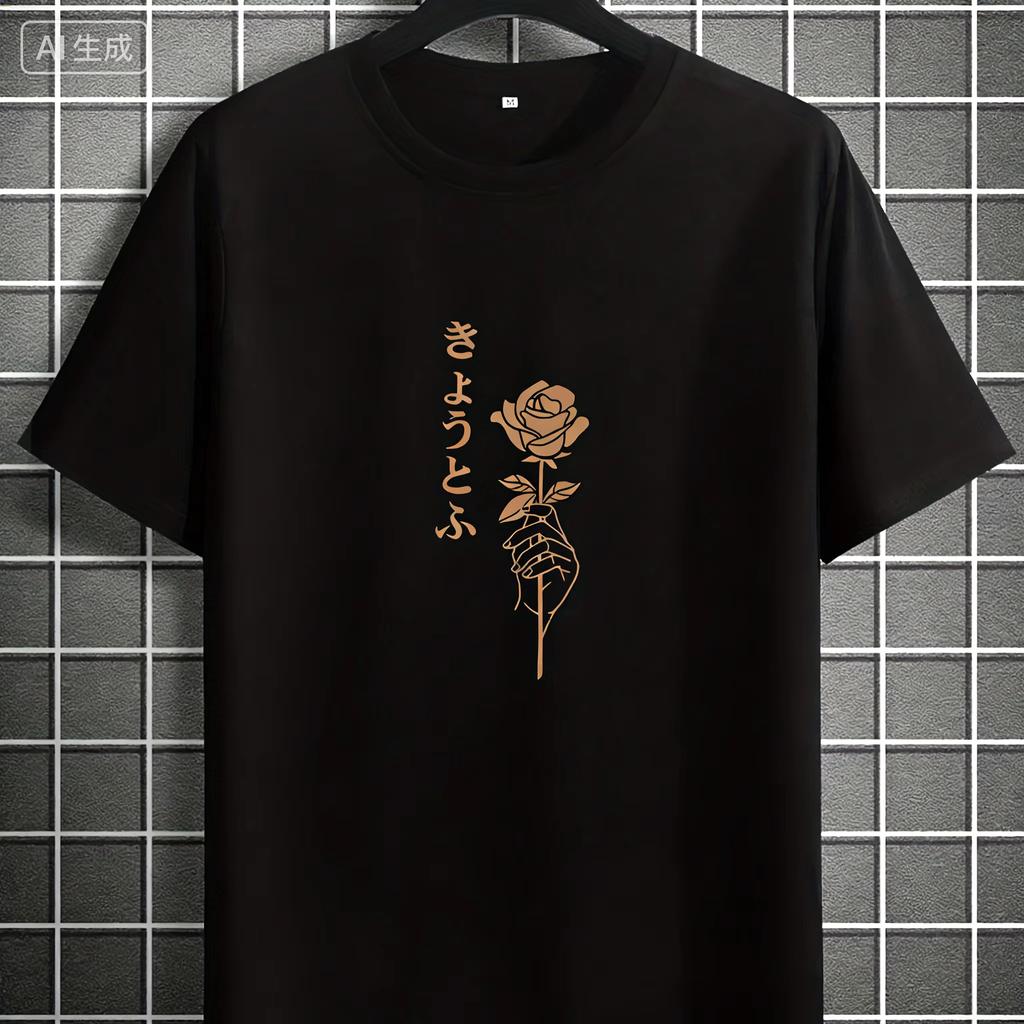 Summer Unisexs Adult American Style Rose Flower Print Cotton Breathable Shortsleeved Simple Tshirt Loose And Comfortable