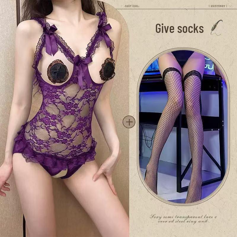 Purple Night Tide Romantic Lace Strappy Mesh Lingerie with Open Crotch