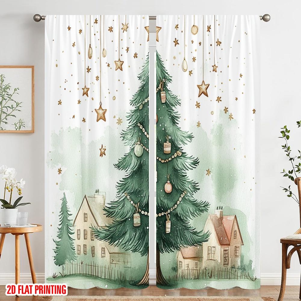 2 Stück, 2D-Flachdruck Vorhang Beliebtes Weihnachtsbaumdorf Feiertagsszene (3) Vielseitiges, strapazierfähiges Polyester (ohne Stange) Kunst