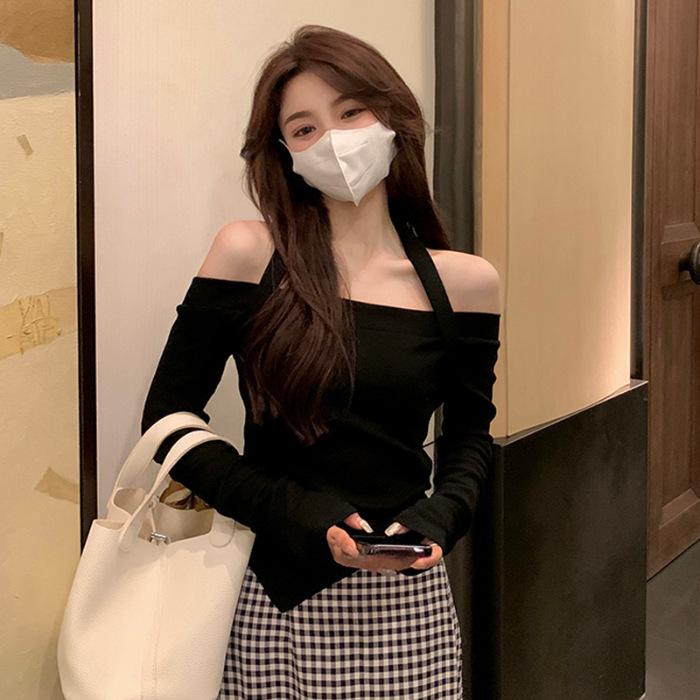 

New One-word Shoulder Top Korean Version Niche Spice Girl Style T-shirt Women s Neck Long-sleeved Bottoming Shirt Irregular XL чёрный