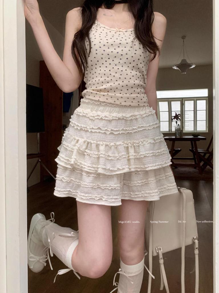Women's White Lace Puffy Mini Skirt - High-Waisted A-Line Ballet Style, Summer 2026 Collection.
