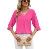 Women's V Neck 3/4 Split Sleeve Blouse Loose Fit Front Pleated Detail Casual Solid Chiffon Top