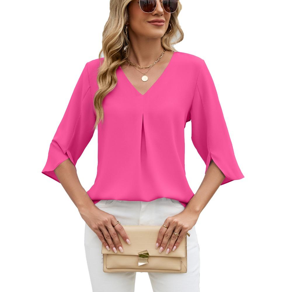 Women's V Neck 3/4 Split Sleeve Blouse Loose Fit Front Pleated Detail Casual Solid Chiffon Top