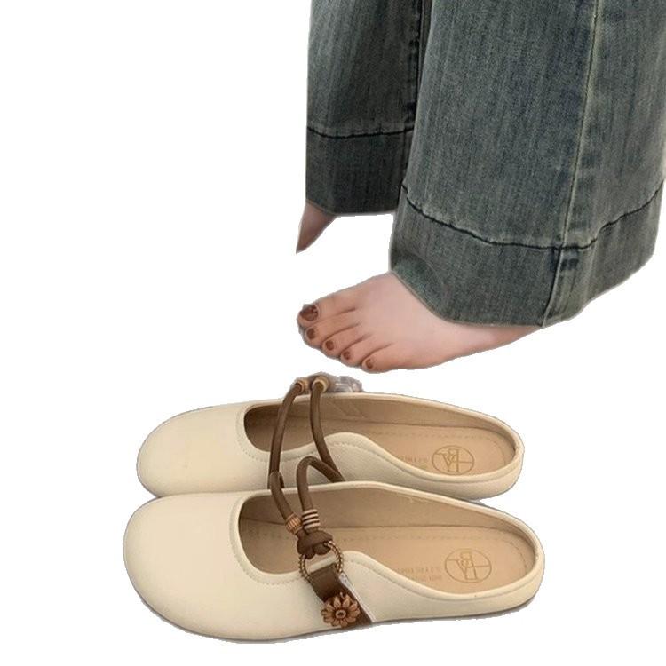 Mary Jane Bag Head Half Slippers Women's Summer Wear Versatile 2025 New Flat Bottom One Pedal Half Support Single Shoes Soft Sole