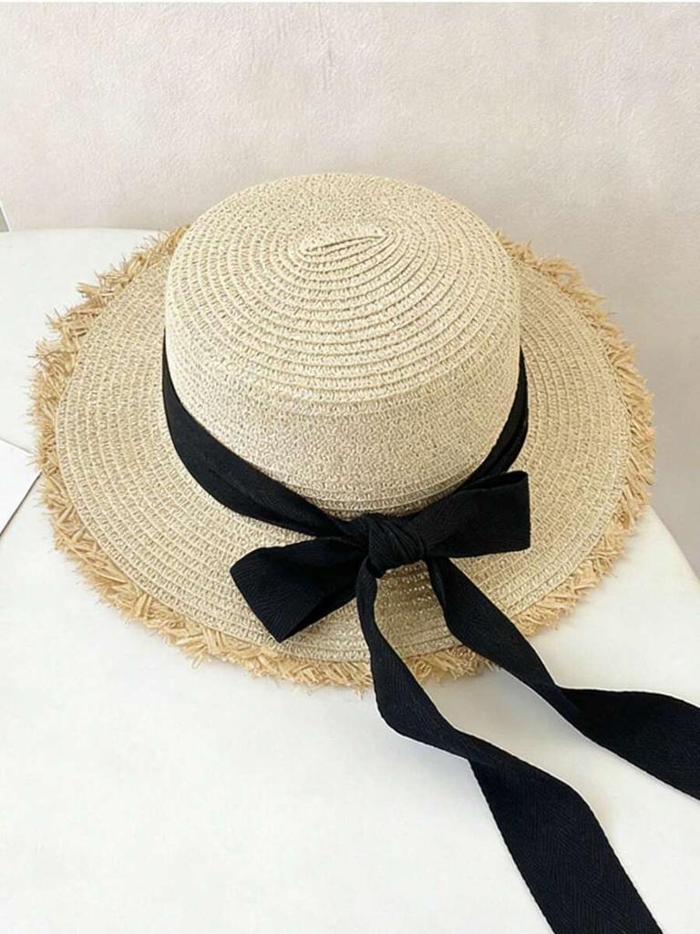 Womens Straw Sun Hat With Black Bow Decor Bohemian Beach Travel Hat
