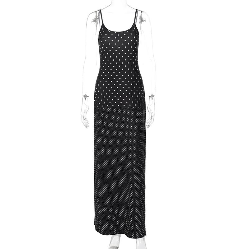 

2026 Summer Polka Dot Long Dress Women Sexy Contrast Sleeveless Backless Slim High-Waist Female Bodycon Maxi Dress For Holiday S чёрный