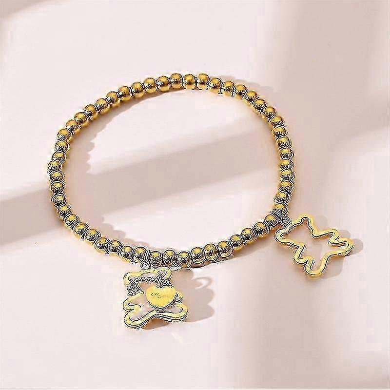 Gold Plated Bear Face Steel Beads Bracelets For Women, Bear Bracelets And Stretch Hearts Lovely Brac New Arrival