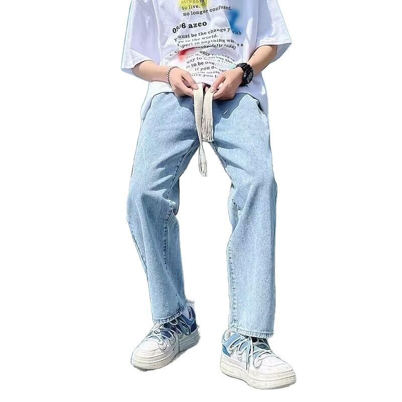 Elastic waist spring and autumn straight jeans men's thin loose nine-point wide-leg pants trendy brand high-waisted casual trousers retro