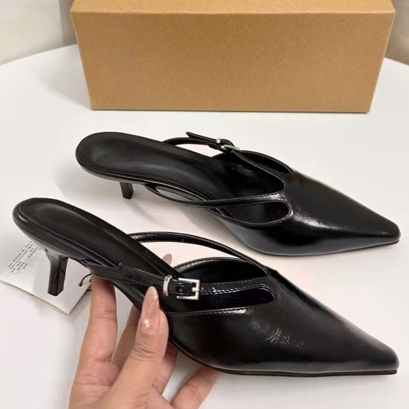 Heels Women Mules Shoes Elegant Pointed Toe Zapatos Mujer Classic Narrow Band Casual Black Female Summer Sandals
