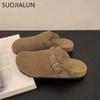 Fashion SUOJIALUN 2024 Autumn Women Flat Slipper Fashion Round Toe Slip On Mules Shoes Soft Flat Heel Outdoor Casual Slides Sandal Shoes