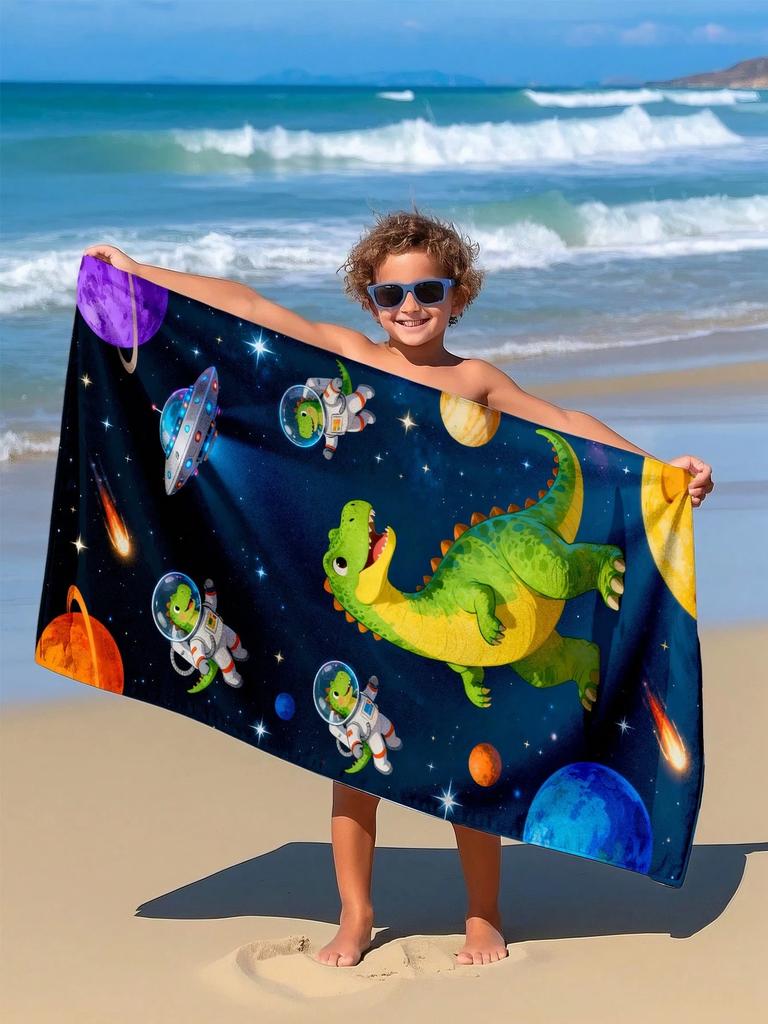 Dinosaur Astronaut Beach Towel,Premium Microfiber Absorbent Quick Dry,Oversized for Beach Pool,Cartoon Space Print Towel for Kid