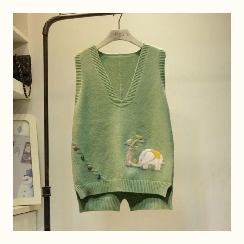 Embroidered Cartoon Elephant Women Knit Vest Retro Style Knitted Pullover Loose Casual Solid Color Thin Sweater Harajuku Style Knit Base Shirt Autumn