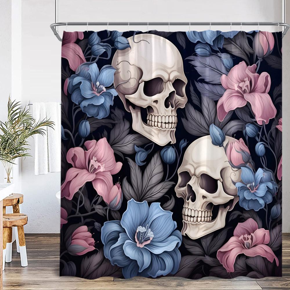 Skull Halloween Shower Curtain Happy Halloween Funny Skeleton Rose Floral Bathroom Decor Polyester Fabric Bath Curtain With Hook W60H190(CM)-1 Pcs