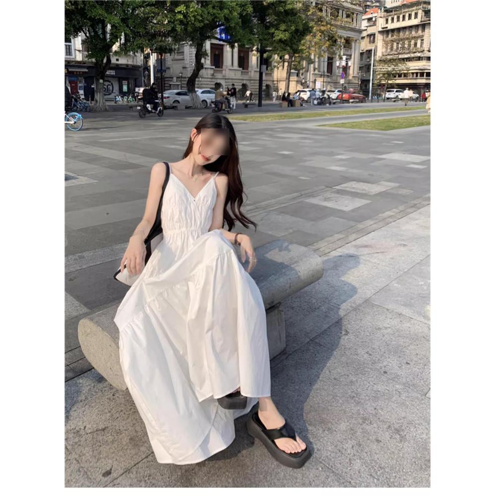 

Женское летнее белое платье с V-образным вырезом, открытой спиной и на тонких бретельках для пляжа S (for 90 jin or less)