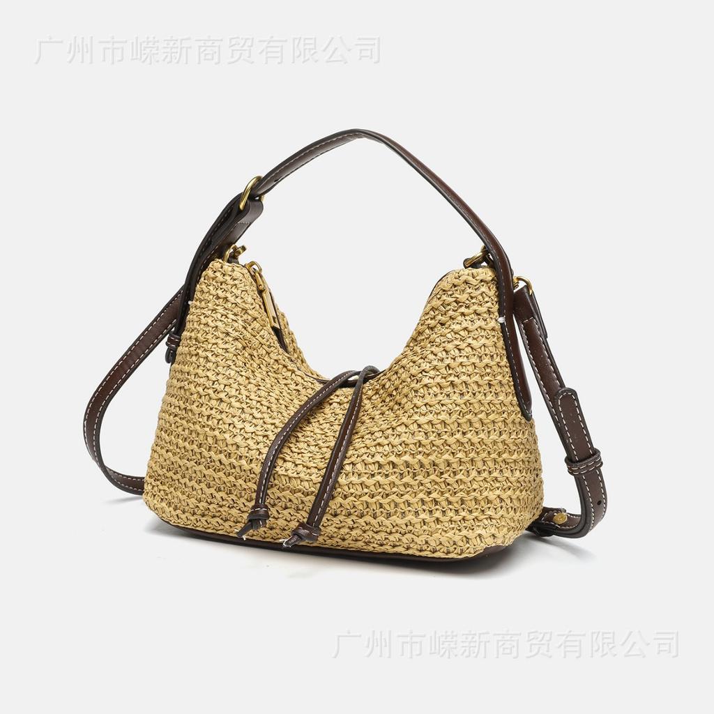 Z Home Summer Mini Retro Handmade Straw Bag Versatile Commuter Portable Crossbody Zipper Bucket Bag