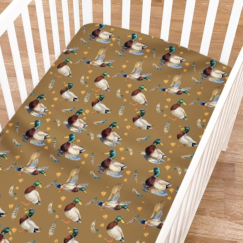 Woodland Wild Animals Hunting Crib Sheets for Girls and Boys 52"x28" Hunting Deer Duck Leaves Crib Mattress Sheet Soft Breathable Nursery Bed Sheet