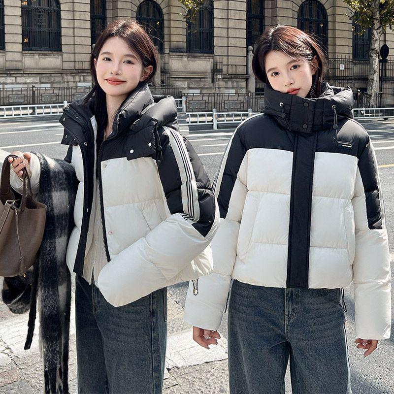 Manteau Court en Coton à Blocs de Couleurs Tendance pour Femmes à Capuche Ample Hiver Veste Coréenne Épais Vêtement d'Extérieur