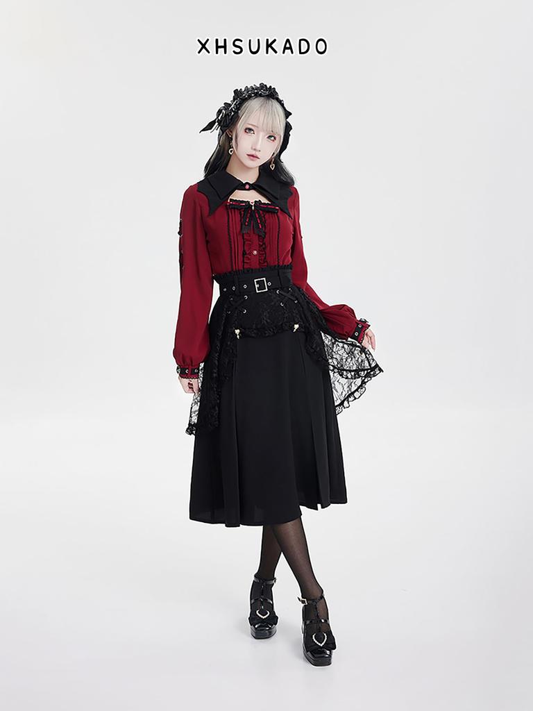 XHSUKADO Long Detachable Ribbon and Ruffled Gothic Yami Student Size S Women's Lace-Up Blouse, Sleeve, Spring/Autumn, Brooch, Lace, Style, Kawaii,