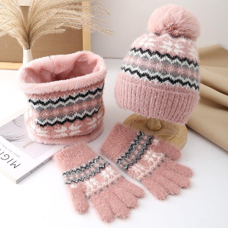 Wool hat women's autumn and winter new plush warm hairball pullover hat ear protector knitted hat scarf gloves