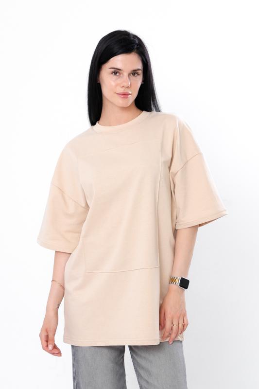 

Women’s Casual Oversized T-Shirt – Solid Color with Extended Length & Back Text Print, Summer, 3393-057-33-1 HC S екрю