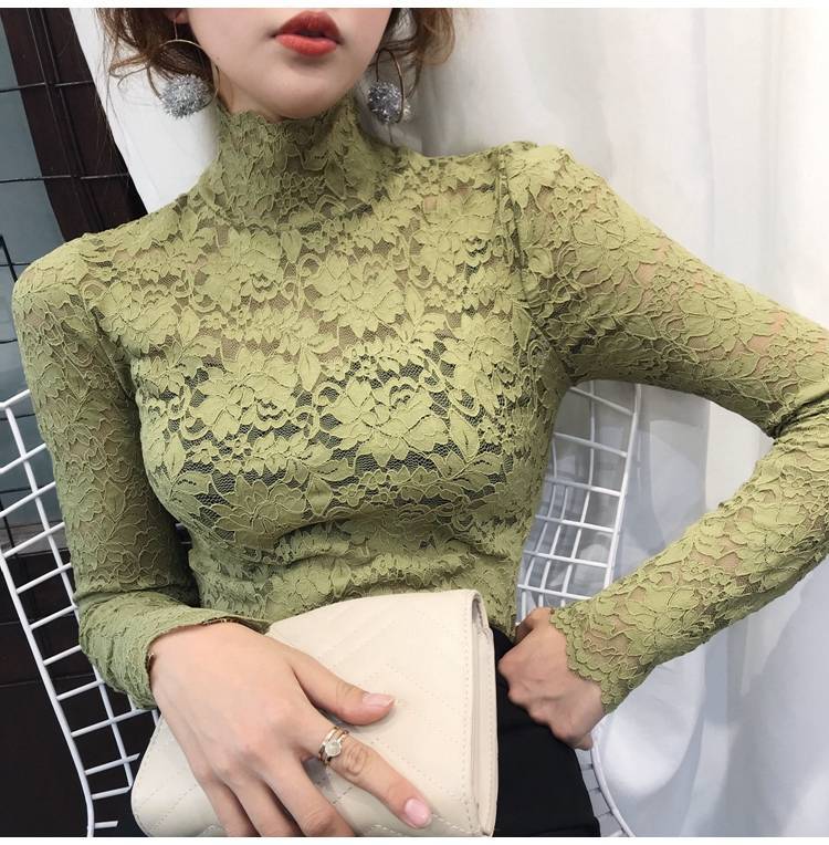 Autumn Spring Sexy Women Long Sleeve Lace Blouses High Collar Inner Wear Lace Crochet Shirt Base Tunic Top Perspective Vintage Bottom Blouse