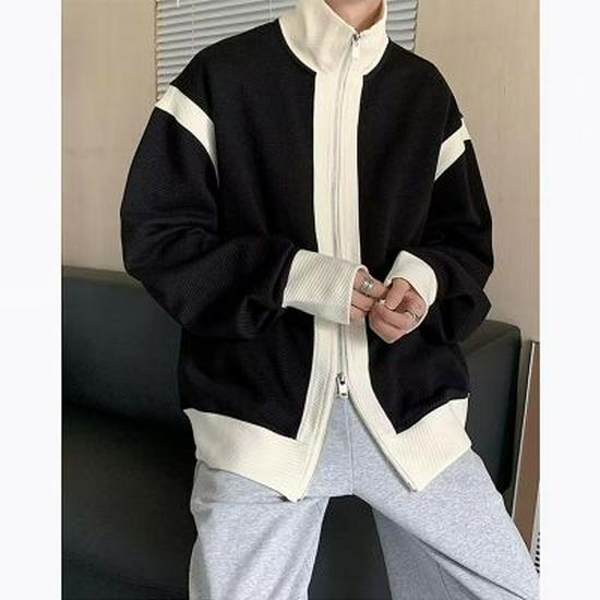 Herren Herbst Colorblock Doppelreißverschlussjacke - Lockerer Strickpullover im Hongkong-Stil