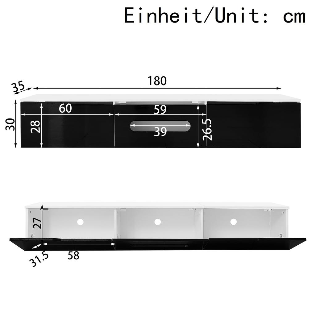 TV-Schrank, wandmontierbar TV-Board, 16-Farben LED-Beleuchtung, Fernsehtisch mit App-gesteuert, für Wohnzimmer