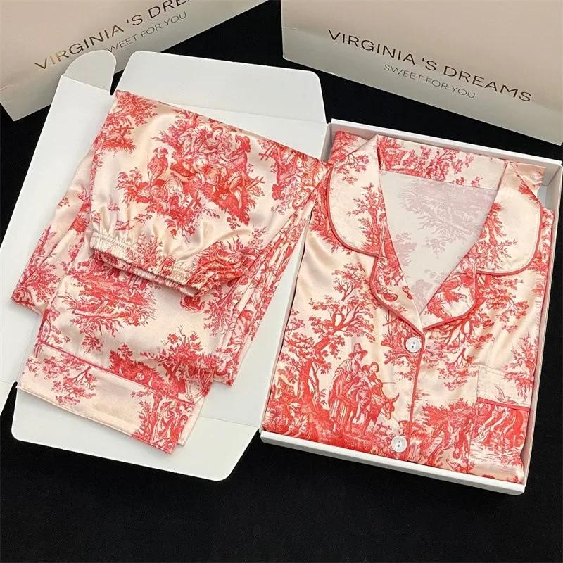 Red Pajamas Women Spring Summer Long Sleeves Long Pants Satin Silk Sleepwear Pijamas Womens Pyjamas Thin Pijamas Girl Homewear